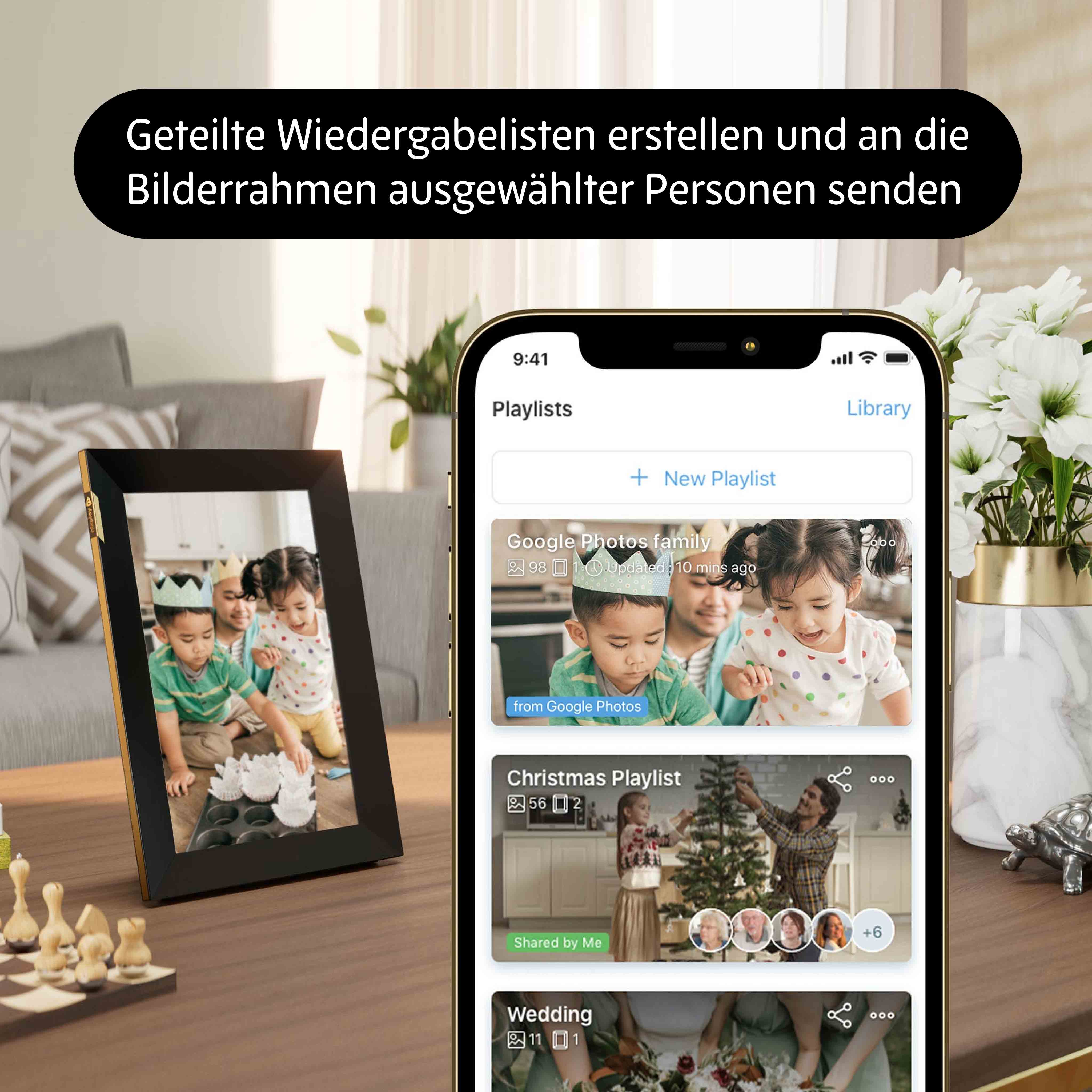 10 Zoll HD Touchscreen WLAN Digitaler Bilderrahmen - Schwarz/Gold